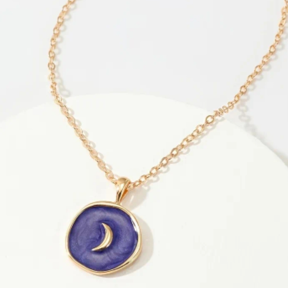 Gold and Blue Enamel Moon Necklace